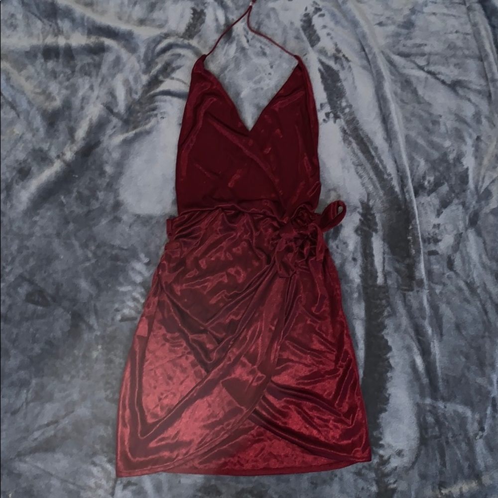Oh Polly SATIN WRAP MINI DRESS IN WINE